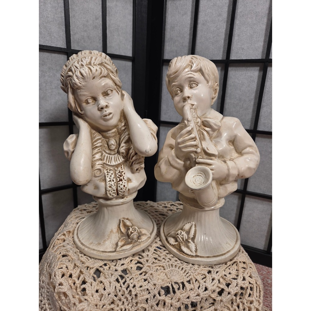 Vintage 1971 Universal Statuary J Kendrick Chalkware Busts Boy Saxophone Girl